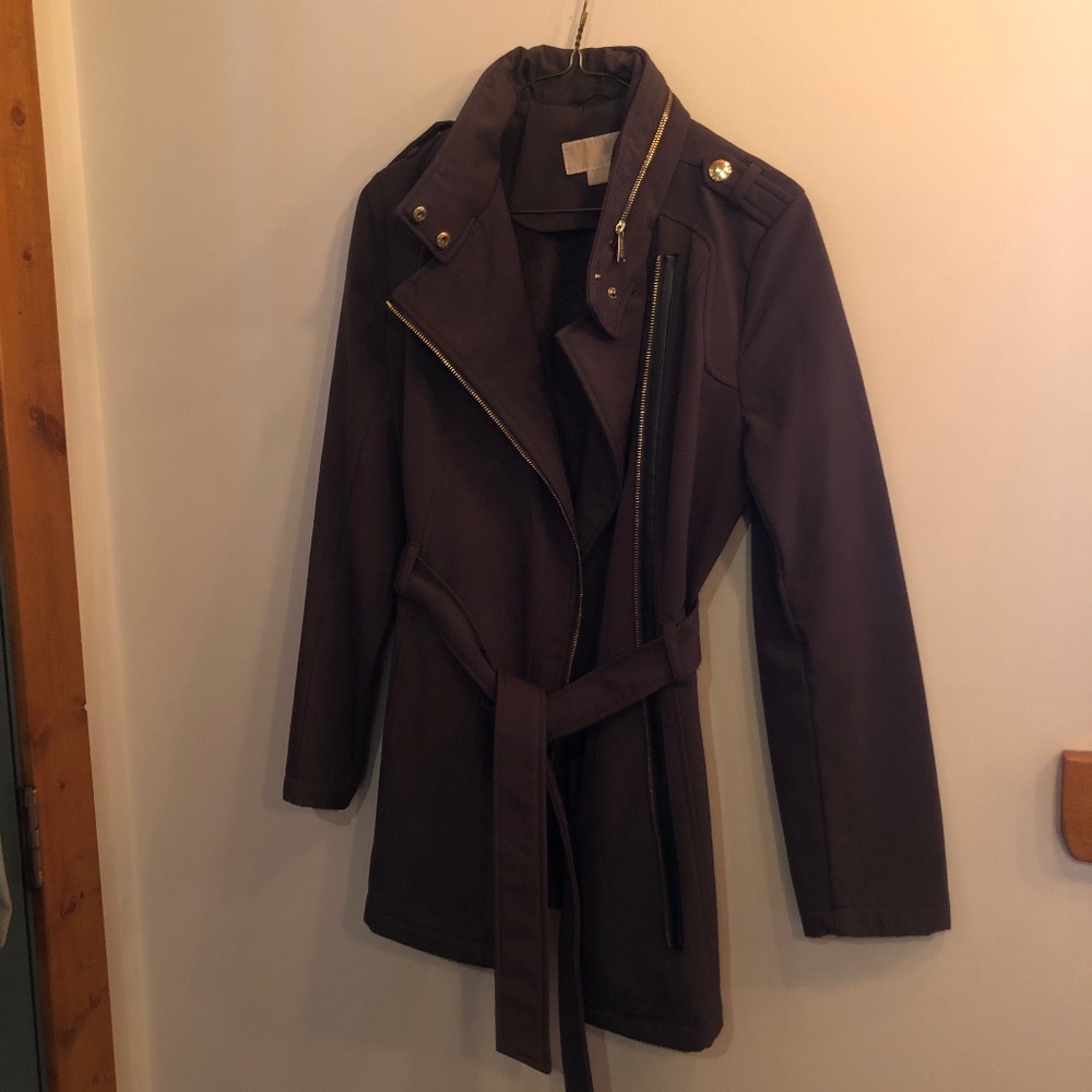 Olive Green Michael KORS Anorak coat jacket sz S black leather and gold details